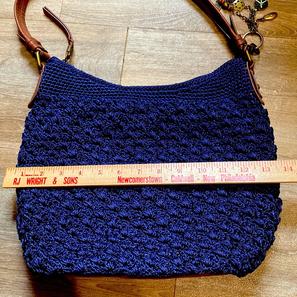 The Sak Navy Crochet Shoulder Bag with Brown Leather Straps